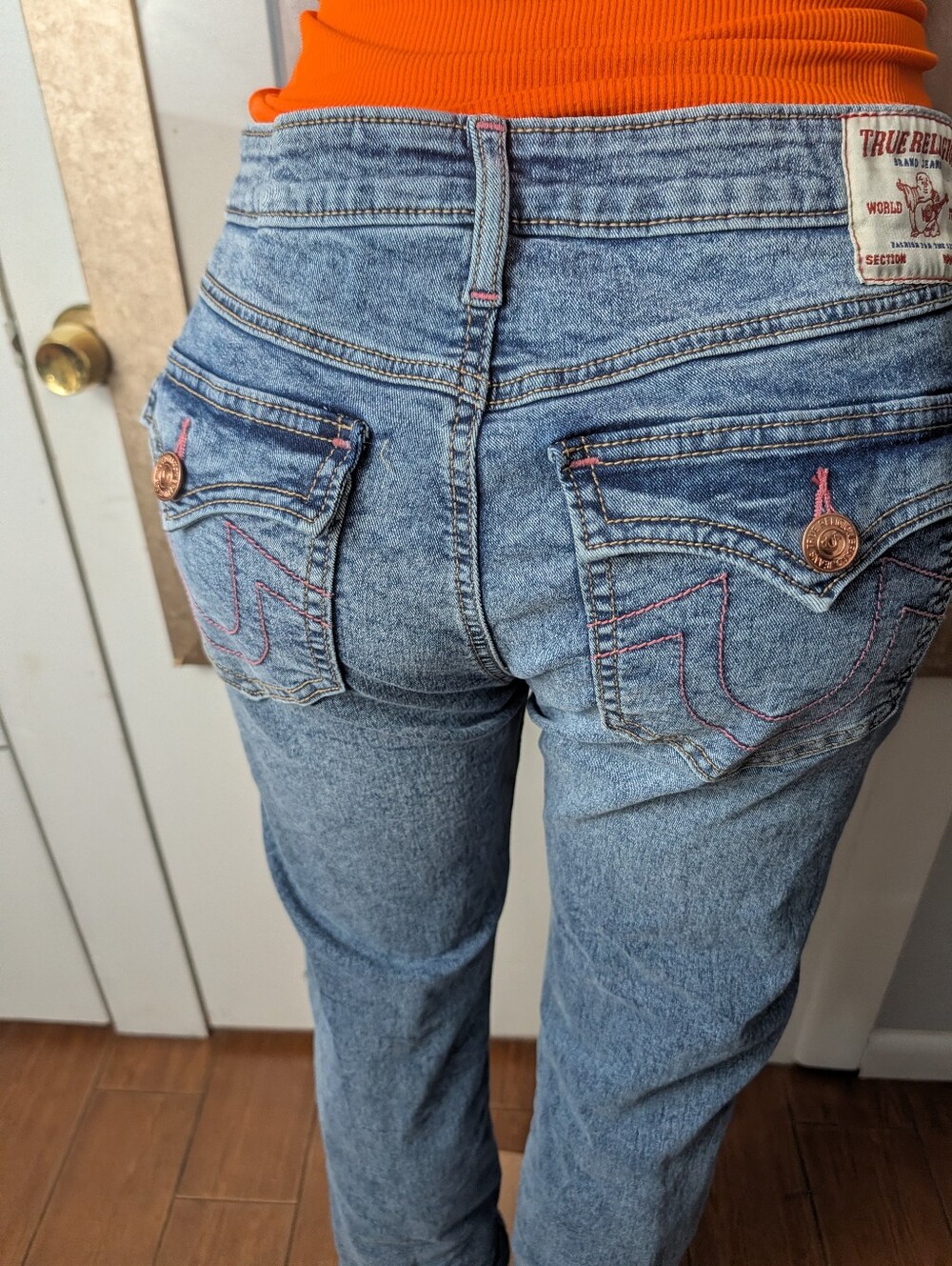 True Religion Light Blue High-Rise Jeans with Pink Stitching Size 31